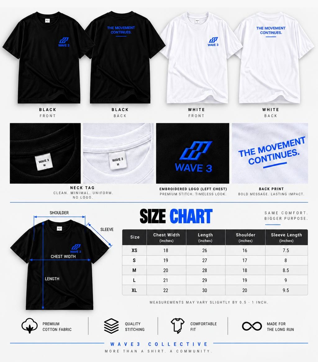 WAVE 3 Signature Tee product details and size chart